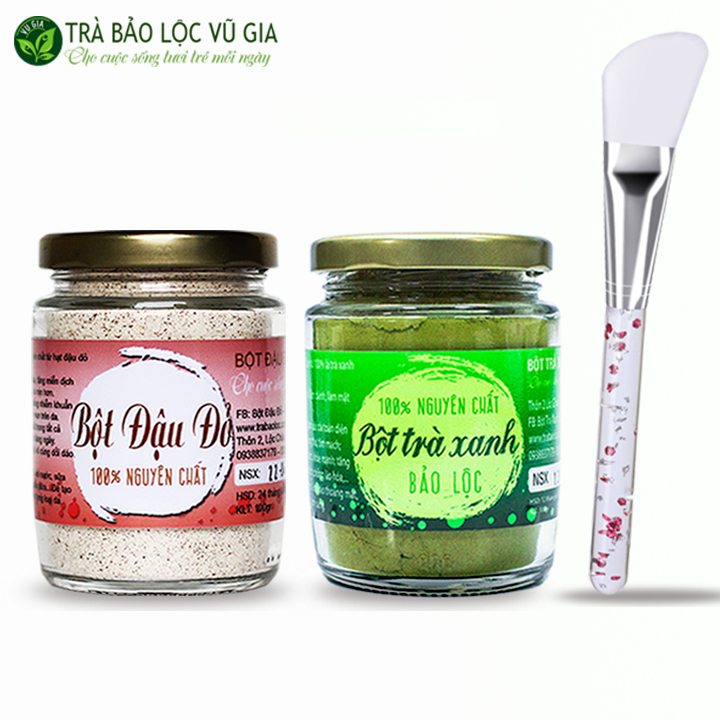 Combo Bột Trà Xanh + Bột Đậu Đỏ - Nguyên Chất Vũ Gia (100gr/hũ) + Tặng Cọ Quét Mặt Nạ Silicon Cao Cấp - Đắp mặt đánh bay mụn, làm trắng chống lão hóa da, se khít lỗ chân lông - Đã được kiểm nghiệm y tế