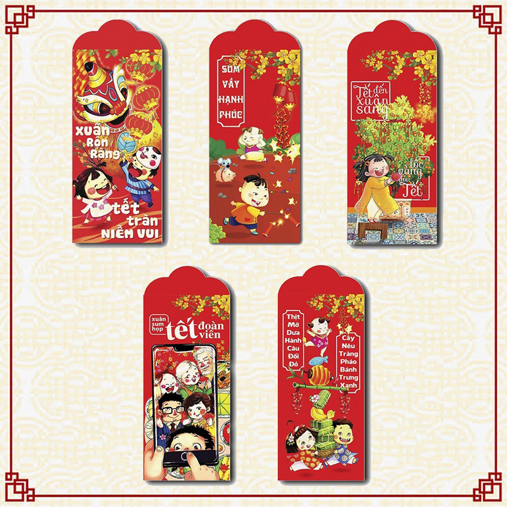 Set 200 bao lì xì tết 2024 Đỏ Xuân giáp thìn giao đủ mẫu (Mẫu 1)