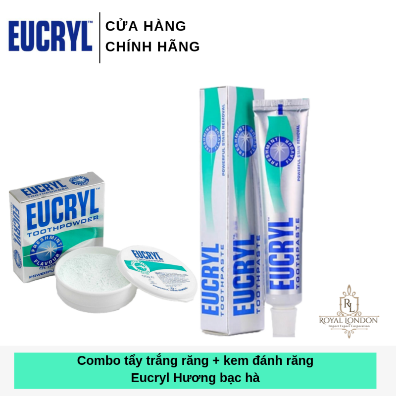 Combo trắng răng Eucryl kem đánh răng 62g + bột trắng răng 50g nhập khẩu