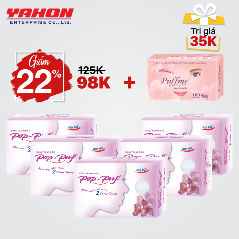 Bộ 5 hộp bông tẩy trang Pop-puf 2 công dụng 100 miếng(Tặng 1 hộp bông dưỡng da Puffme Airlaid 180 miếng)