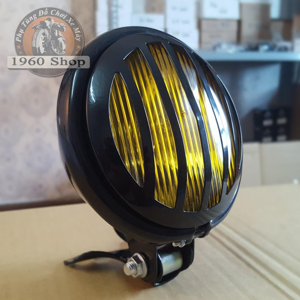 Đèn pha xe máy rebel, cub có lưới bảo vệ vỏ kim loại màu đen sơn tĩnh điện, kính vàng thủy tinh, bóng sợi đốt có kèm đèn sương mù