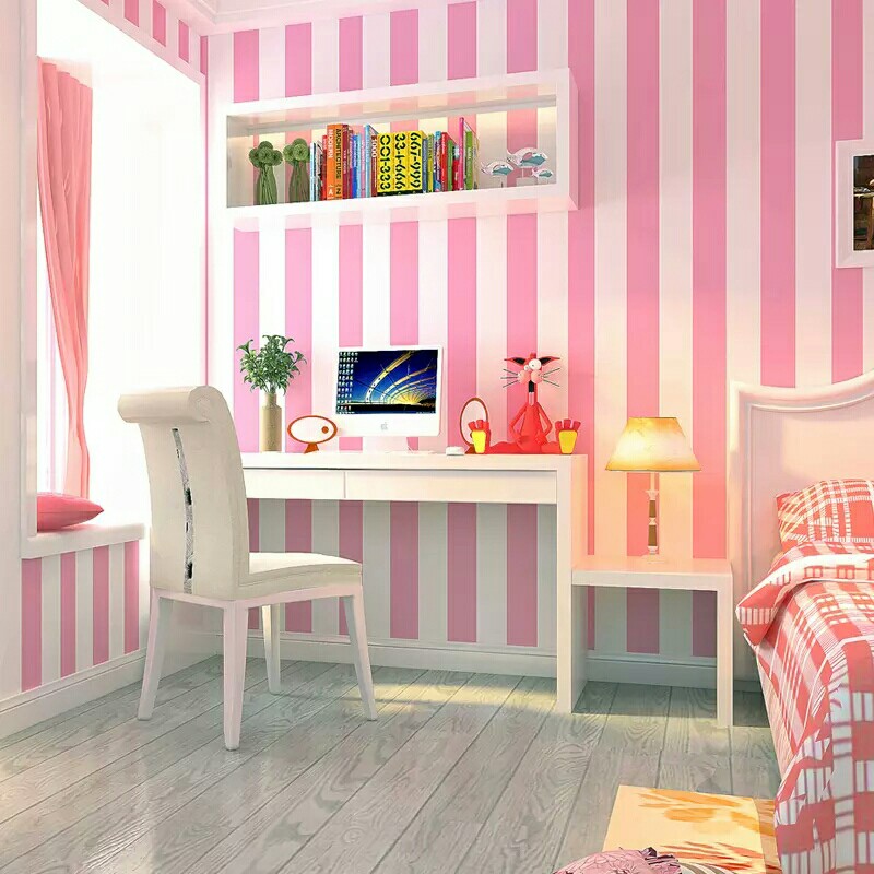 Cuộn 5m x 0.45m decal giấy dán tường sọc trắng hồng keo sẵn bóc dán a141