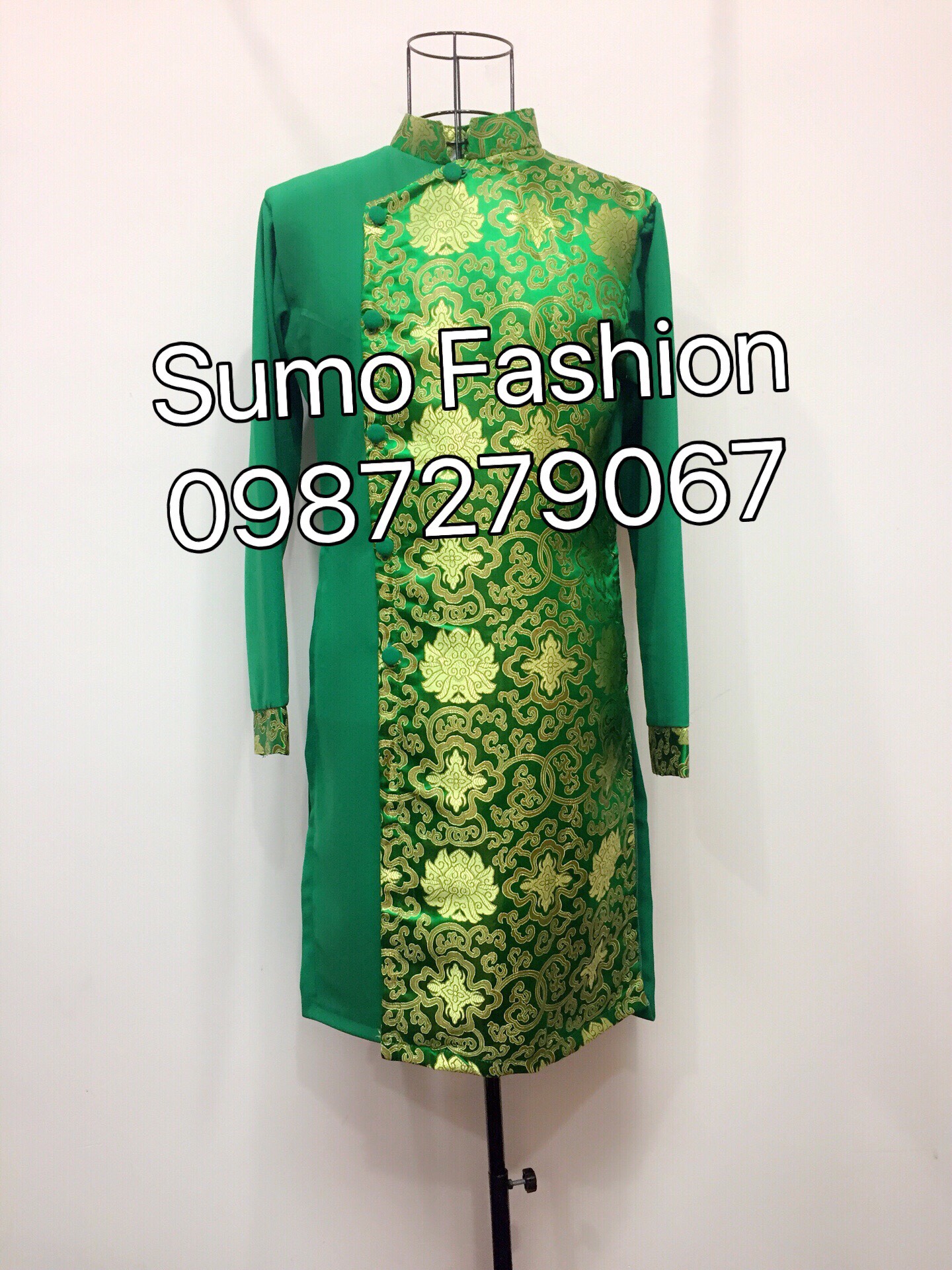 Áo dài cách tân nam xanh phối gấm