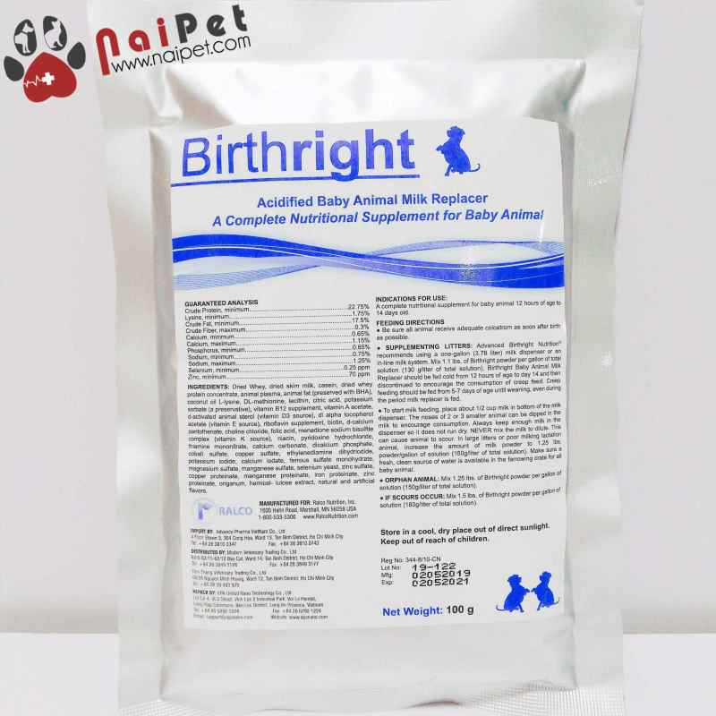 Sữa Bột Dinh Dưỡng Chất Thay Thế Cho Thú Con Birthright 100g