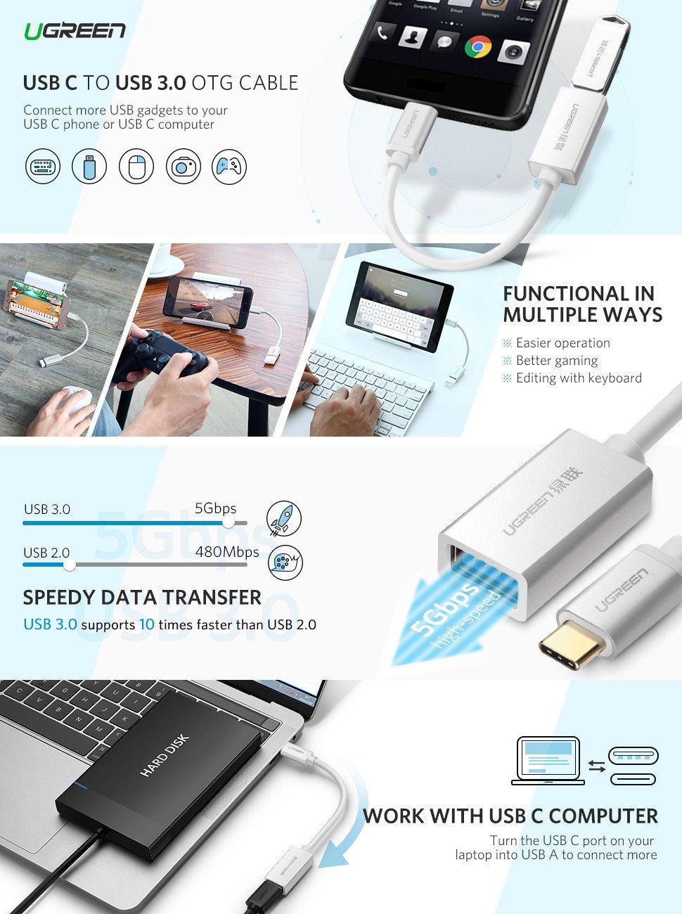 Cáp OTG USB Type C sang USB 3.0 chuẩn A cổng âm Ugreen 30645