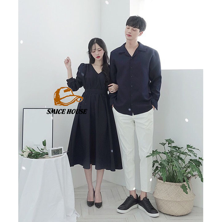 SET ÁO ĐẦM ĐÔI SƠ MI DÁNG DÀI ĐỒ CẶP TÌNH NHÂN ĐI BIỂN CHỤP HÌNH CƯỚI