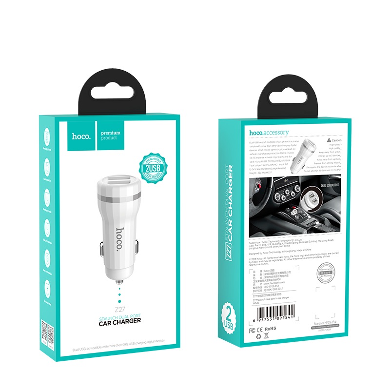 Tẩu sạc trên oto hoco z27 5v/2.4a hàng chính hãng hoco