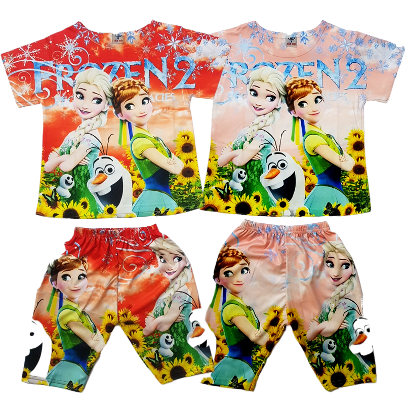 Đồ bộ 3D Elsa bé gái tay ngắn in 2 mặt áo và quần chất cotton mềm mịn mát size từ 7 đến 24kg màu ngẫu nhiên - Hàng đặt thời trang trẻ em