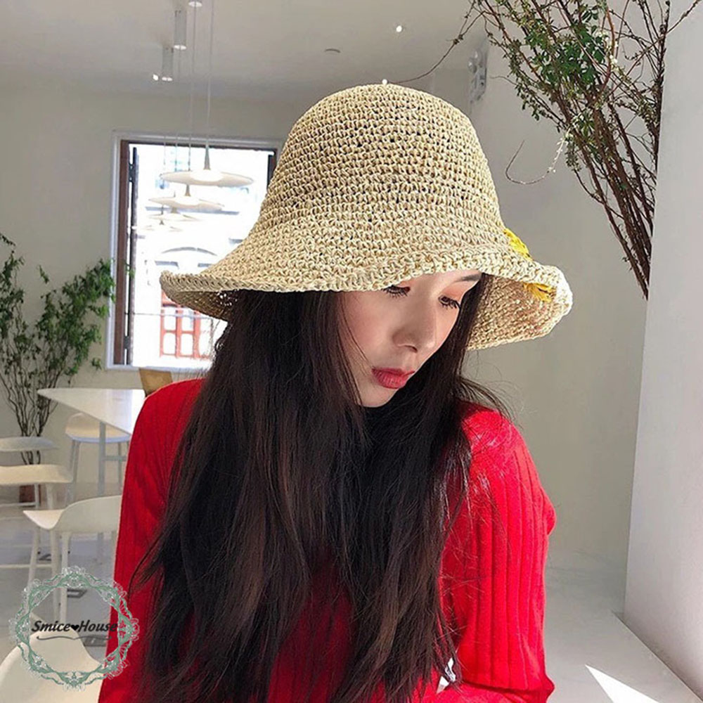 [HCM]Nón cói mềm thêu hoa hướng dương đi biển mũ cói daisy vành rộng có thể gấp gọn có dây điều chỉnh size