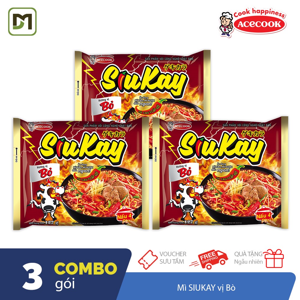 Combo 3 gói mì Siukay vị Bò cay 7 cấp độ Acecook