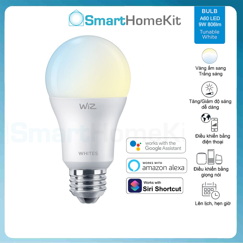 Bóng đèn thông minh Philips WiZ Tunable White E27 9W A60 Trắng Vàng - Hàng Chính Hãng Phân Phối