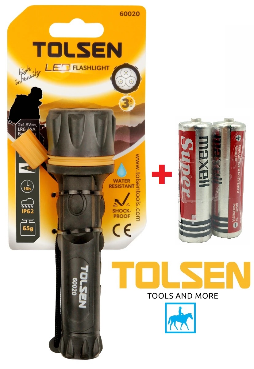 [HCM]Đèn Pin Led Chiếu Xa 10m 65g Chống Nước IP62 Chống Sốc 12Lumens TOLSEN 60020 Tặng 2 Pin AA Maxell