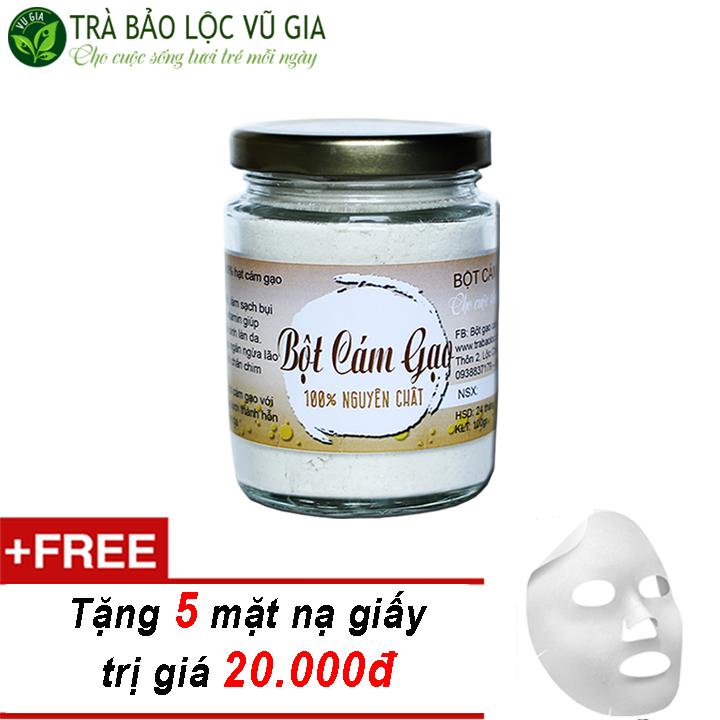 Bột Cám Gạo Nguyên Chất Bảo Lộc Vũ Gia (100g) + Tặng 5 Mặt nạ giấy đắp măt - Dưỡng trắng mịn da, chống lão hóa, se khít lỗ chân lông - Đã được kiểm nghiệm y tế