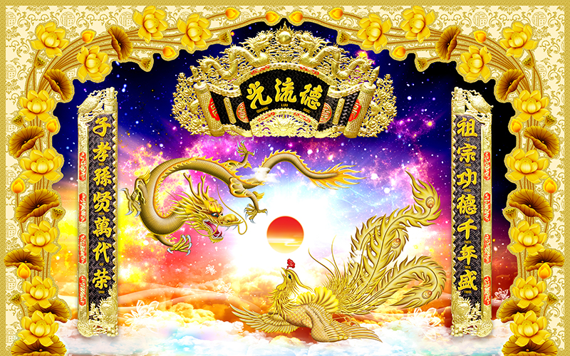 Tranh Rồng Phượng dán tường trang trí bàn thờ phòng thờ Cửu Huyền Thất Tổ CHTT018 loại cao cấp nhiều kích thước