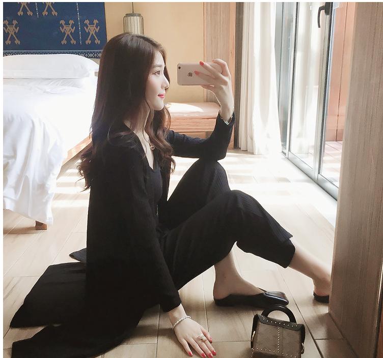 Bộ 3 món, set bộ, áo khoác cardigan len tăm, áo hai dây tăm và quần tăm thắt nơ nữ thời trang