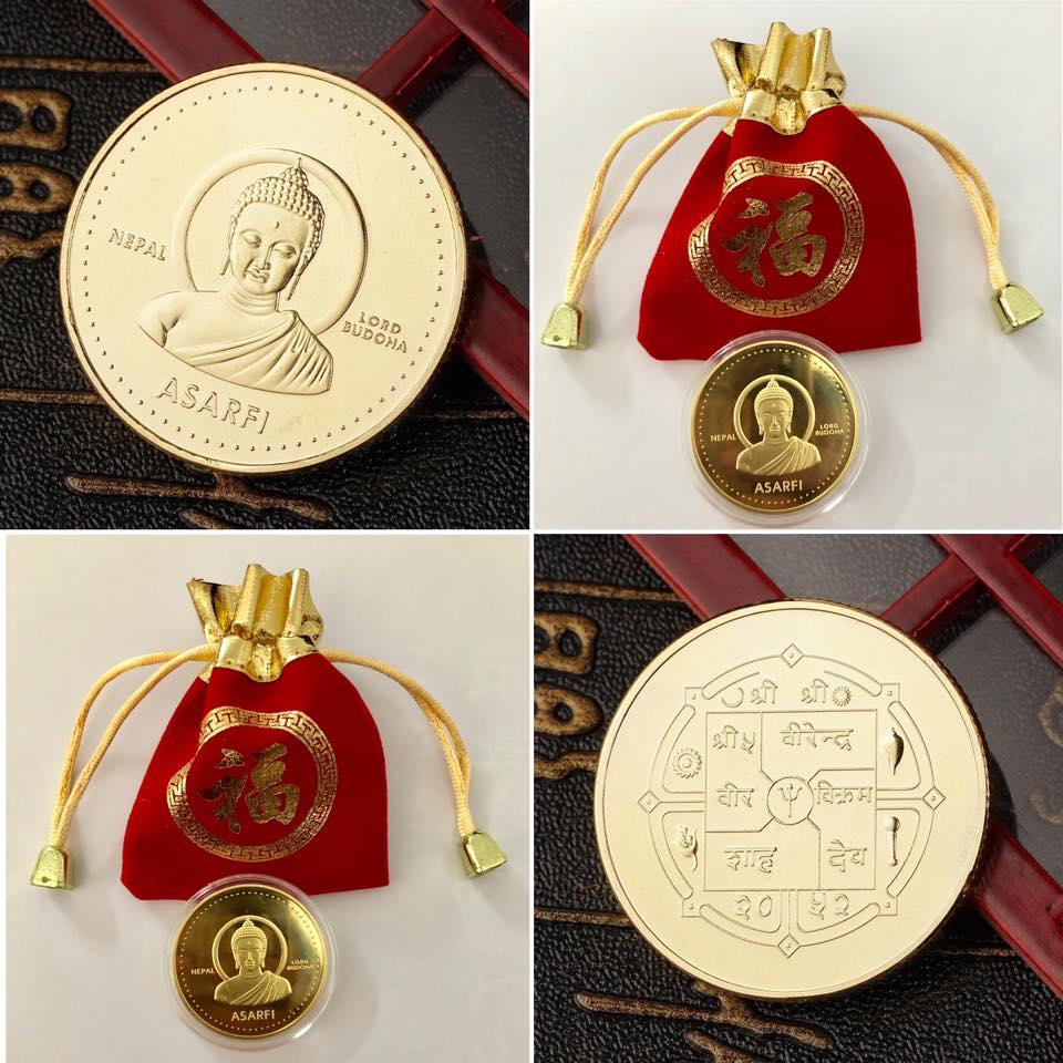 Đồng Xu Hình Đức Phật của Nepal, tặng kèm túi gấm đỏ chữ PHÚC