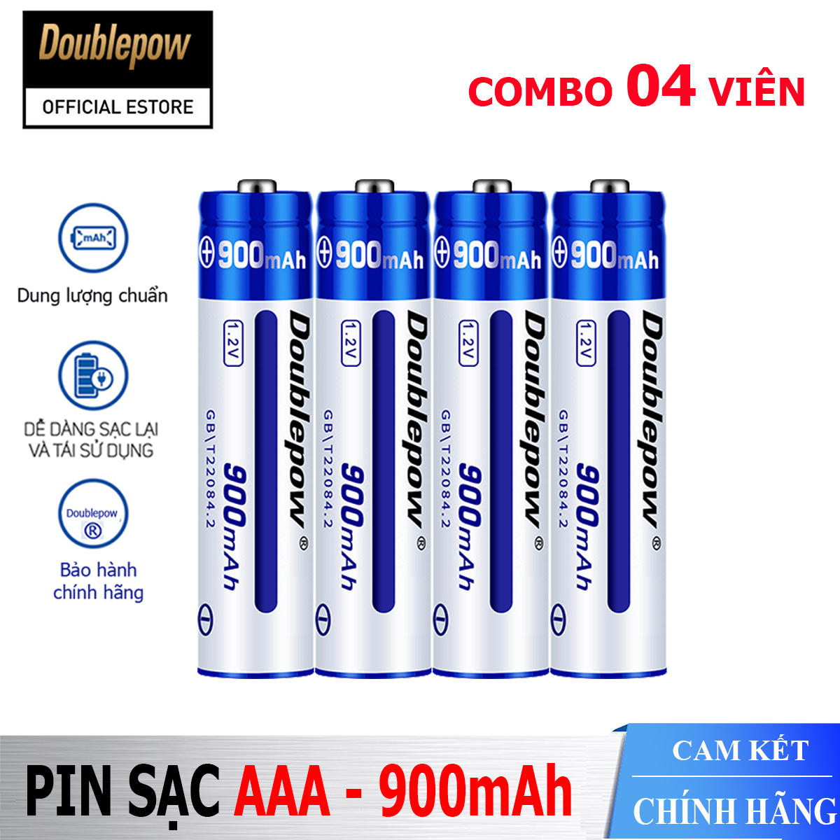 [Hộp 4 viên] Pin sạc AAA 900mAh Doublepow cao cấp (pin xanh) - Bảo hành chính hãng