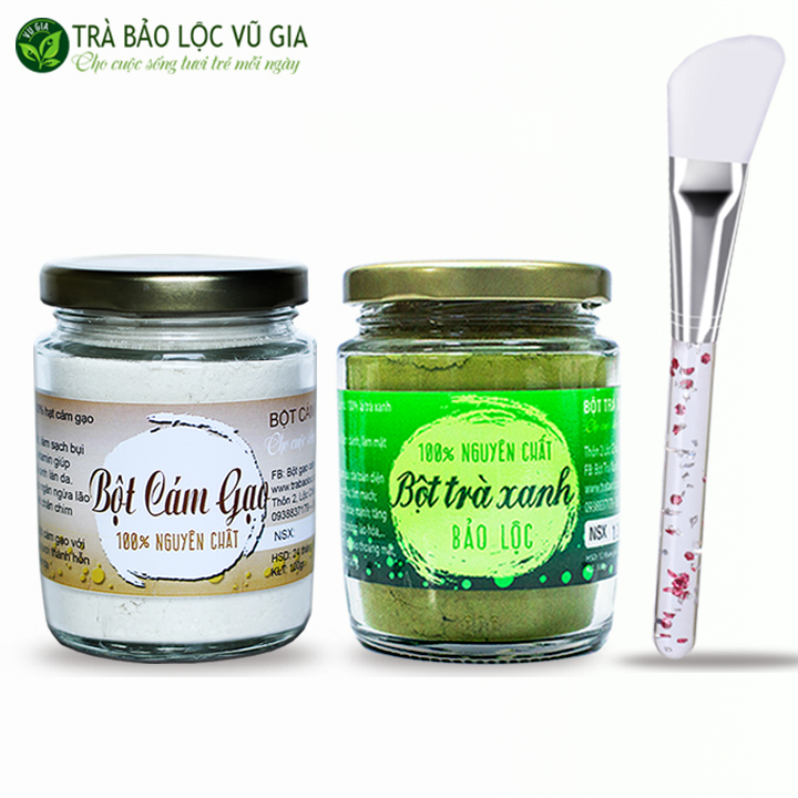 Combo Bột Trà Xanh + Bột Cám Gạo - Nguyên Chất Vũ Gia (100gr/hũ) + Tặng Cọ Quét Mặt Nạ Silicon Cao Cấp - Đắp mặt đánh bay mụn, làm trắng chống lão hóa da, se khít lỗ chân lông - Đã được kiểm nghiệm y tế
