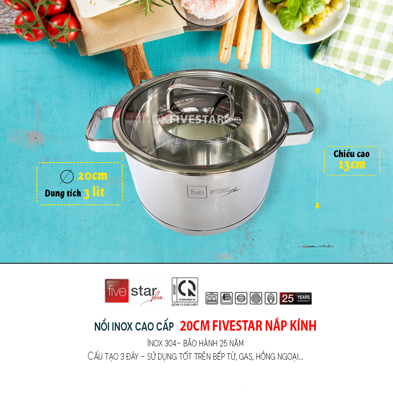 Nồi Inox 304 nắp kính cao cấp Fivestar Plus 16cm/18cm/20cm/24cm - Sử dụng bếp từ - Bảo hành 25 năm