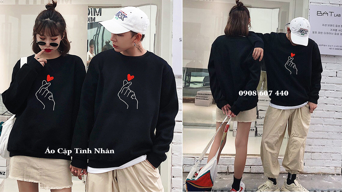 Áo nỉ bông sweater trắng hình bàn tay tim