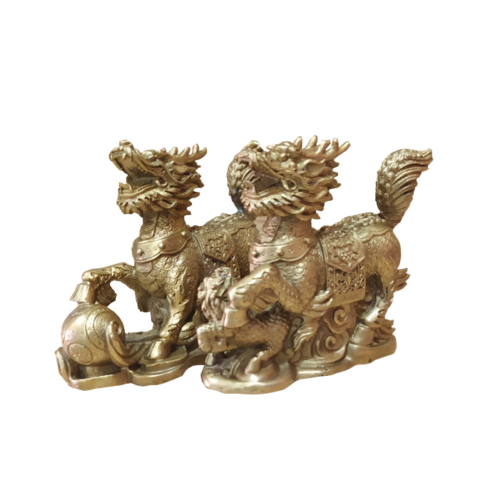 Đôi Kỳ Lân màu vàng bằng đồng cao 110mm phong thủy gia trạch