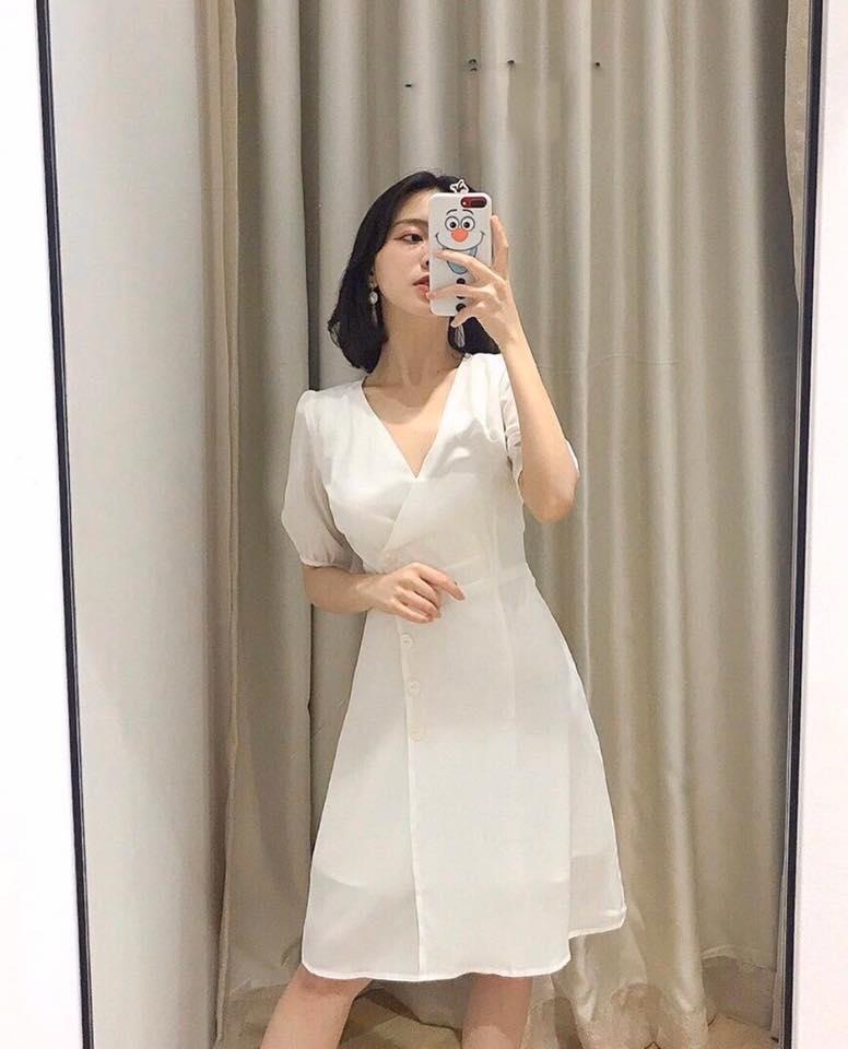 [HCM]Đầm trắng cổ tim tay lỡ