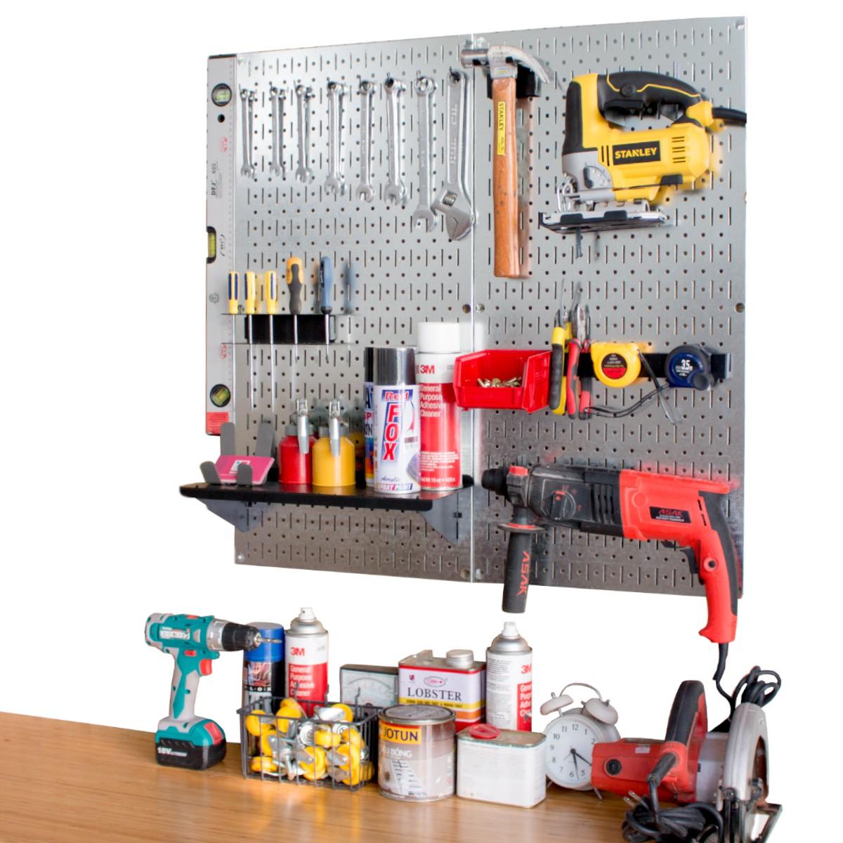 Bảng treo dụng cụ Pegboard cơ khí SMLIFE WB2 - Mô đun 2 Bảng mạ kẽm dày 1,2mm + bộ móc treo sơn tĩnh điện màu đen - Lưu trữ dụng cụ trực quan, dễ tìm kiếm - Combo dành cho gia đình