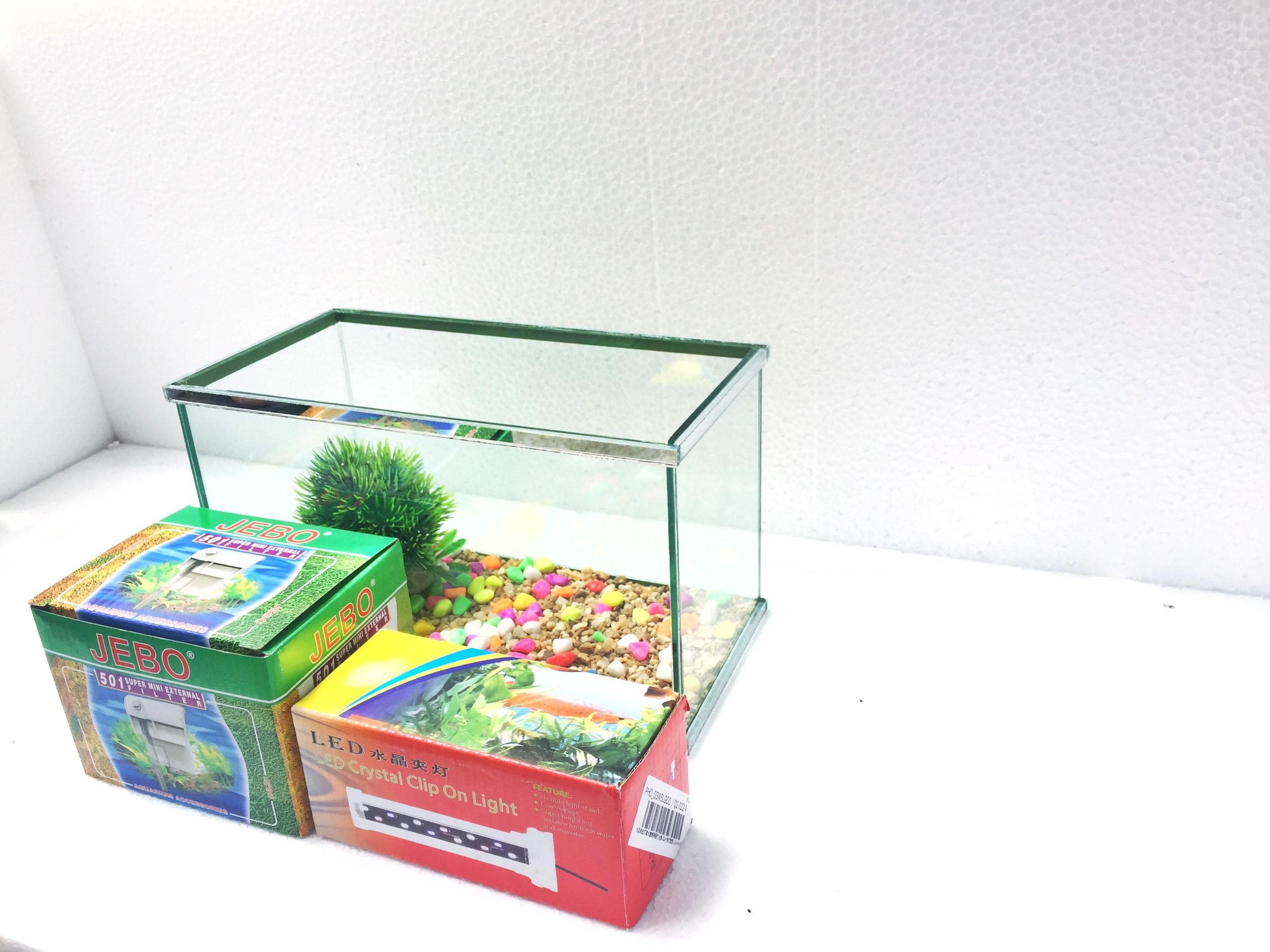 Set bể cá mini viền gương kèm đèn và lọc thác nước (tặng phụ kiện)
