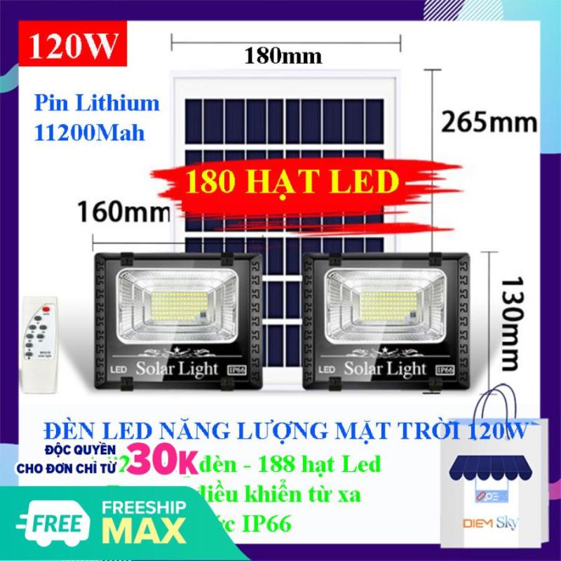 Đèn năng lượng mặt trời 120W, 2 bóng đèn 180 hạt Led, chống nước chuẩn IP66, pin lithium dung lượng lớn 11200Mah, đèn sáng, có remote điều khiển BH 1 năm