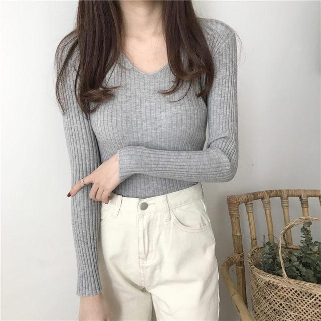 Áo thun nữ cổ tim tay dài cuốn biên