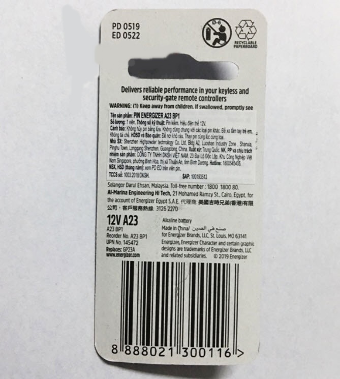 Pin A23 12V Energizer Pin cửa cuốn A23