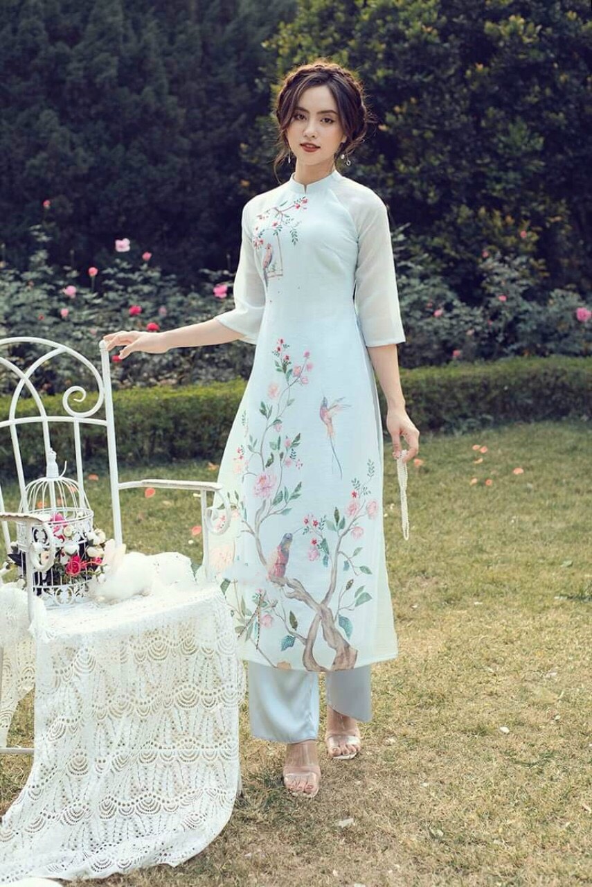 Áo dài cách tân họa tiết chim công xanh ( Áo + quần)