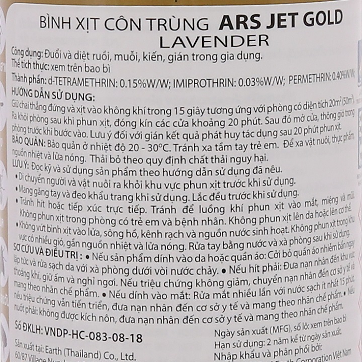 Bình xịt côn trùng (Muỗi, kiến, gián,...) ARS Jet Gold hương Lavender 600ml
