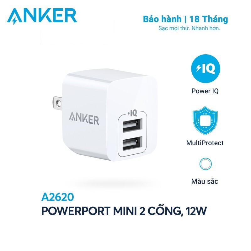 Sạc ANKER PowerPort Mini 2 cổng PowerIQ 12W, Thiết kế thông minh, Nhỏ gọn - A2620
