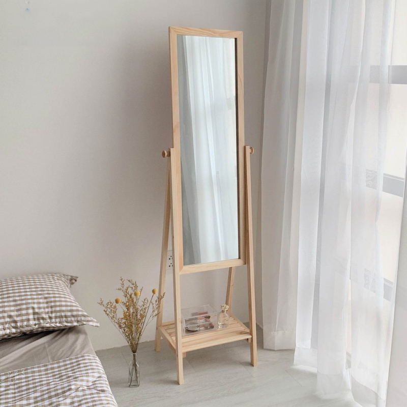 GƯƠNG ĐỨNG SOI TOÀN THÂN TRANG ĐIỂM KHUNG GỖ TỰ NHIÊN PHỐI KỆ HÀN QUỐC