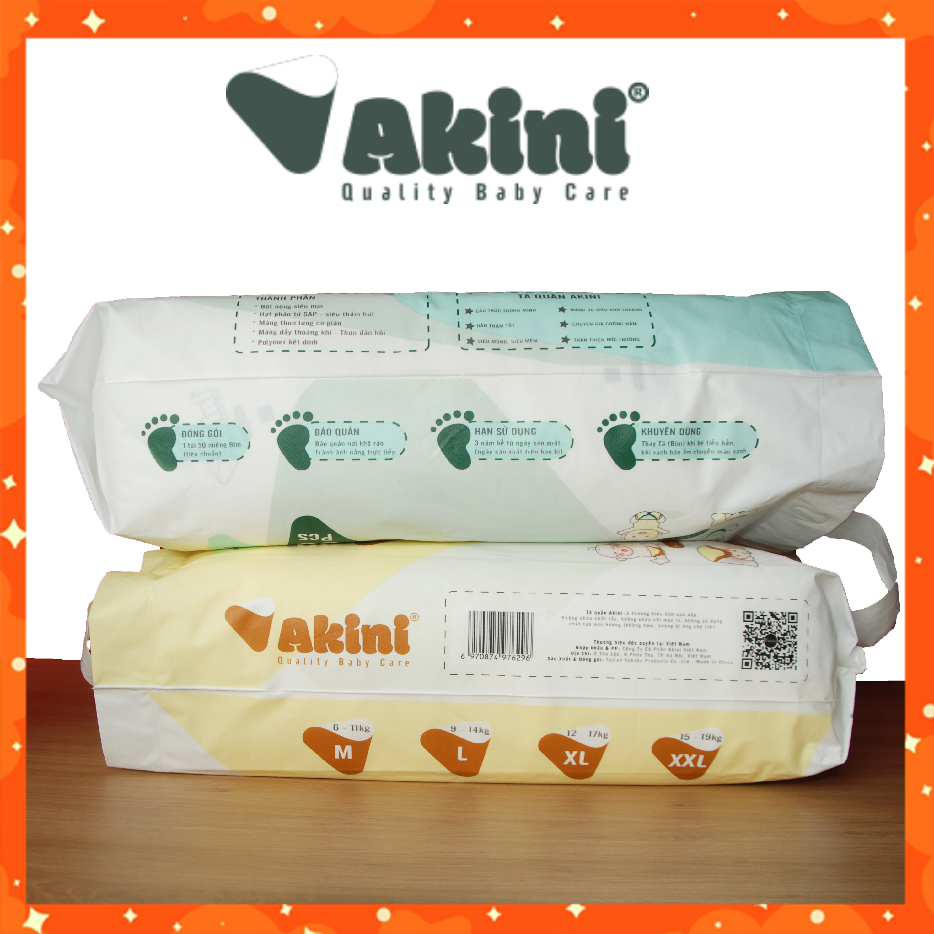 [Giảm 30K vận chuyển + quà] Combo 100 miếng bỉm quần Akini cho bé đủ size - mỏng mềm (tặng 2 miếng + vòng dâu tằm cho bé)