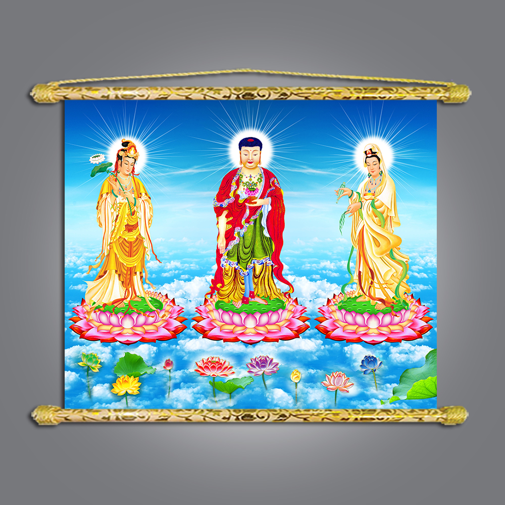 [HCM]Tranh Liễn Phật Giáo - Tây Phương Tam Thánh- vải canvas nẹp sáo gỗ KT: 60x40 cm  nhiều mẫu tùy chọn