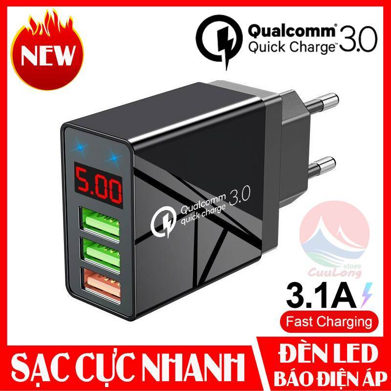 Giá Củ Sạc Nhanh 18W Quick Charge 3.0 Và 3A, Cục Sạc Nhanh Đo Hiển Thị Điện Áp, Cóc Sạc Nhanh 3 Cổng USB Cùng Lúc 3 Thiết Bị, bộ sạc nhanh, cục sạc pin điện thoại, cục sạc đa năng tự ngắt đèn Led, sạc nhanh iPhone Samsung Xiaomi Oppo Anker cuu