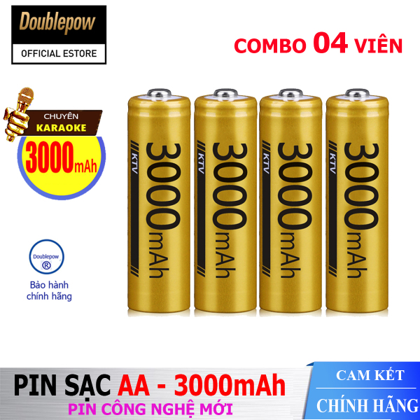 [Hộp 4 viên] Pin sạc AA 3000mAh Doublepow -Pin cao cấp chuyên dụng cho Micro Karaoke  - (pin màu vàng) - Bảo hành chính hãng