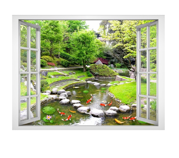 Tranh dán tường cửa sổ cảnh đẹp trang trí phòng khách vườn Nhật Bản VTC VT0377