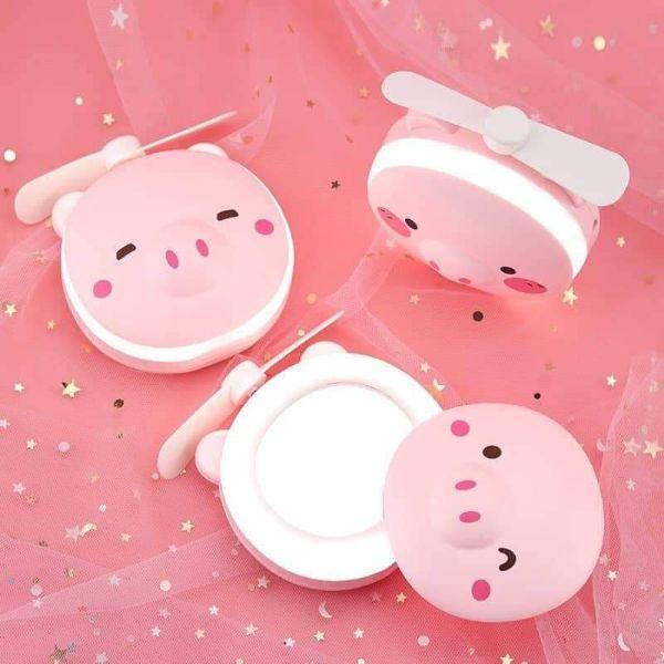 Quạt mini con heo có gương kèm đèn LED siêu cưng