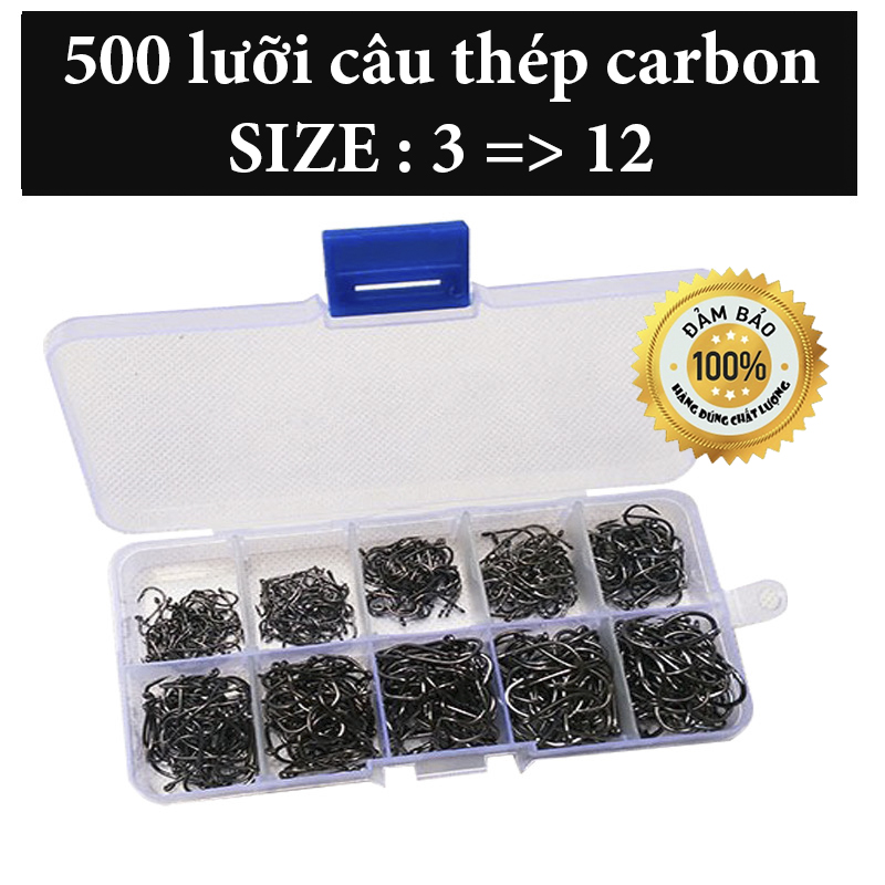 Hộp 600 Lưỡi Câu Thép Carbon size 3-12