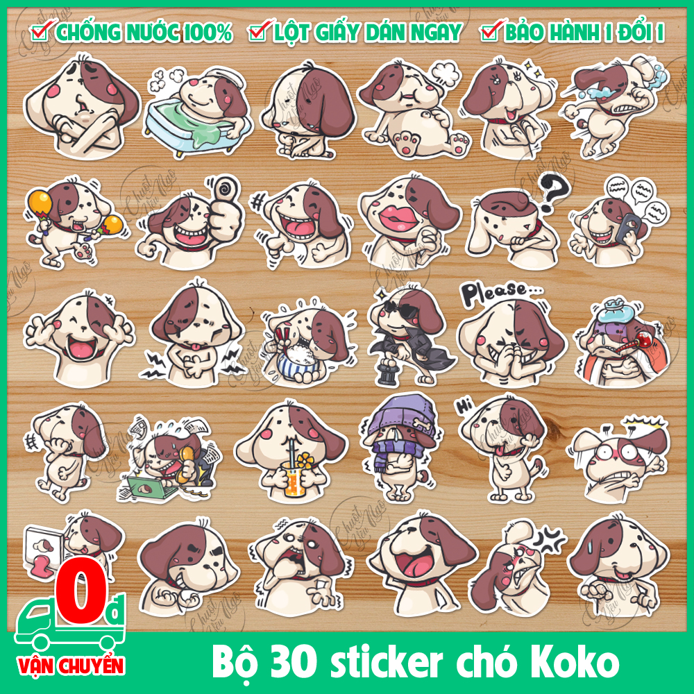 Bộ 30 sticker hình dán decal dán chủ đề chó koko Cute Dog Emoji chống nước cao cấp