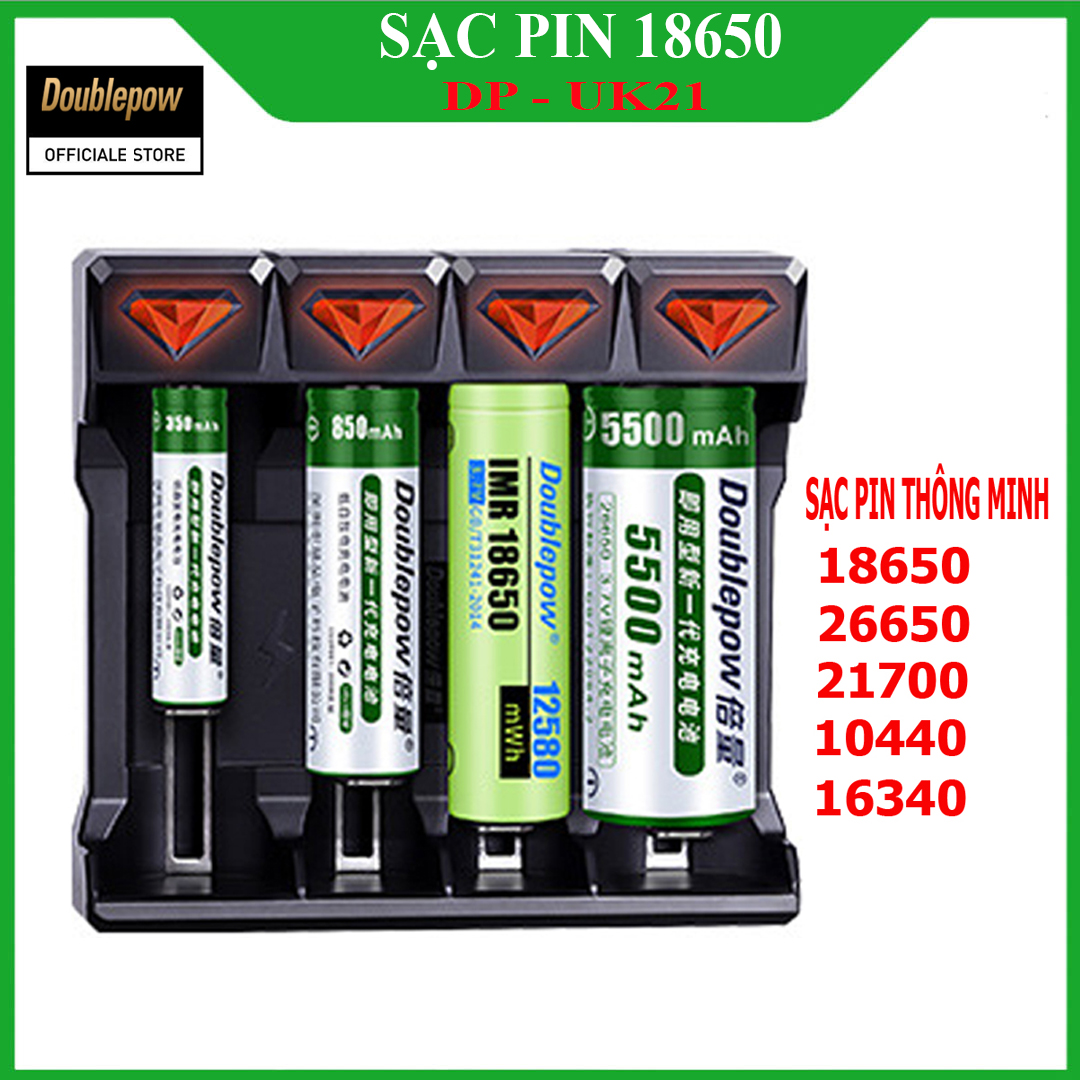 Bộ sạc pin 18650 tự ngắt báo đèn khi đầy Doublepow DP - UK41 (sạc được pin 3,7V - 18650, 16340, 14500, 26650...)  - Bảo hành chính hãng