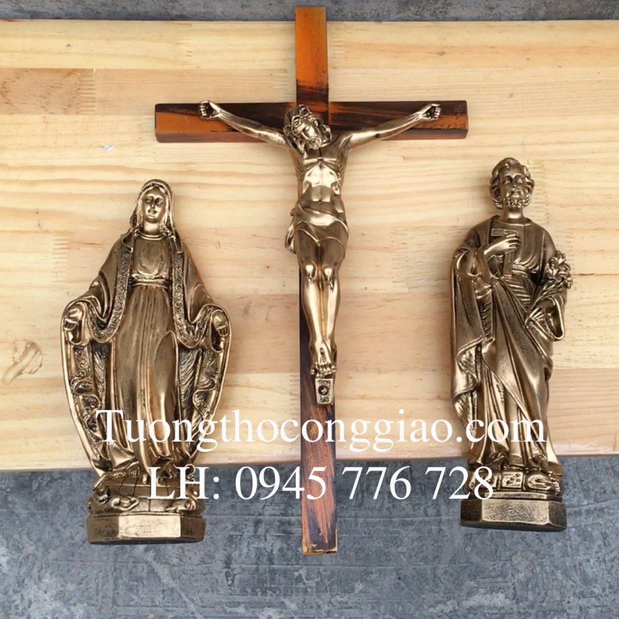 Bộ tượng Bàn Thờ Thiên Chúa 30cm sơn xi đồng