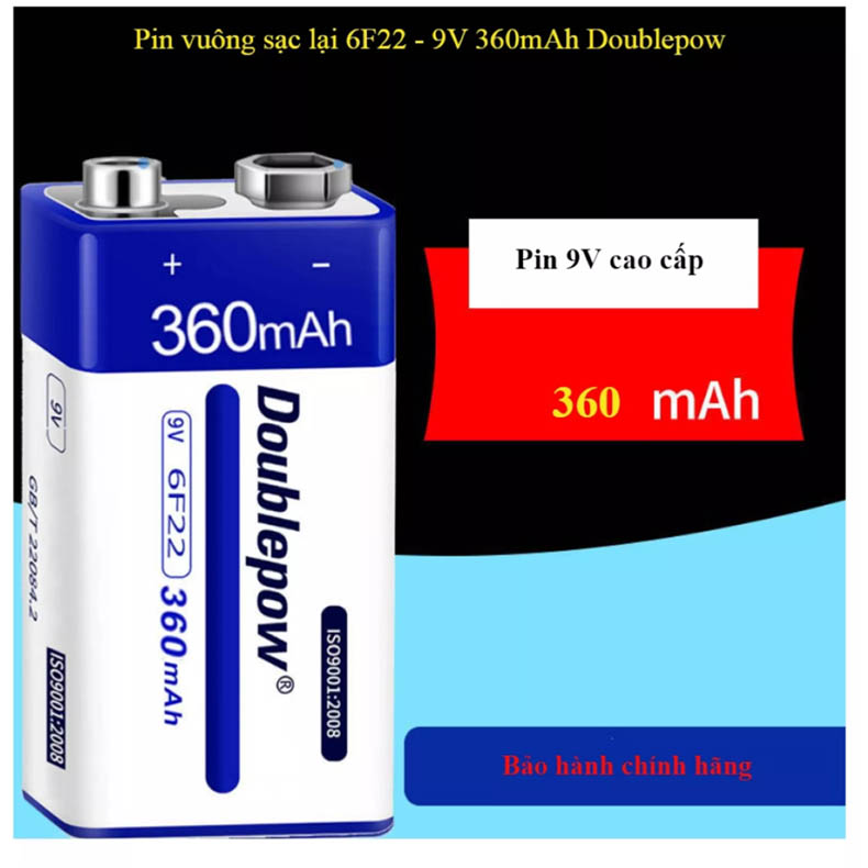 Pin sạc 9V 6F22 -  360mAh (loại pin vuông) Doublepow - Pin chuẩn
