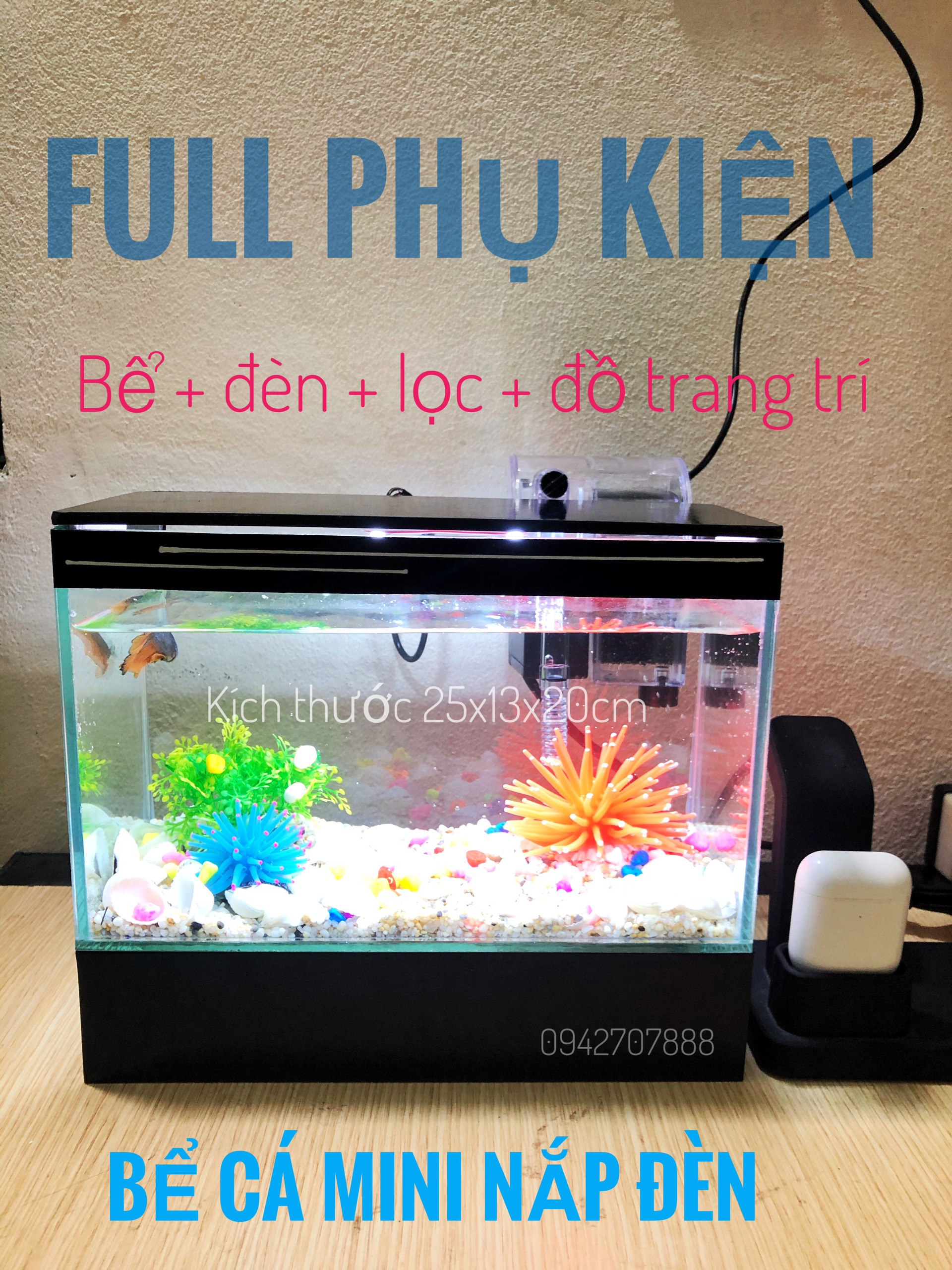 bcx Bể cá cảnh 25cm - 30cm , bể cá mini , bể nuôi cá để bàn có đèn led và lọc thác - tặng đồ trang trí bể nuôi cá cảnh