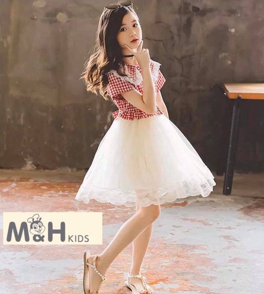 [HCM]Váy bé gái - Váy Caro Phối Chân Ren