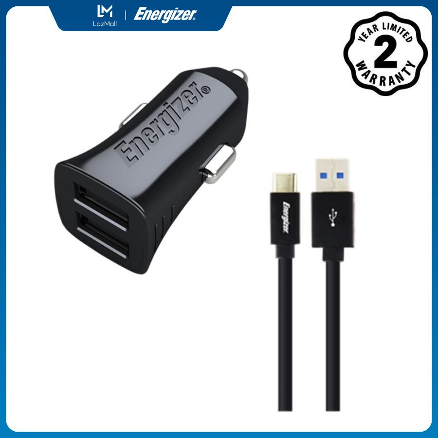 Sạc ô-tô Energizer 2.4A 2USB màu đen kèm cáp USB-C2.0 - DCA2BHC23