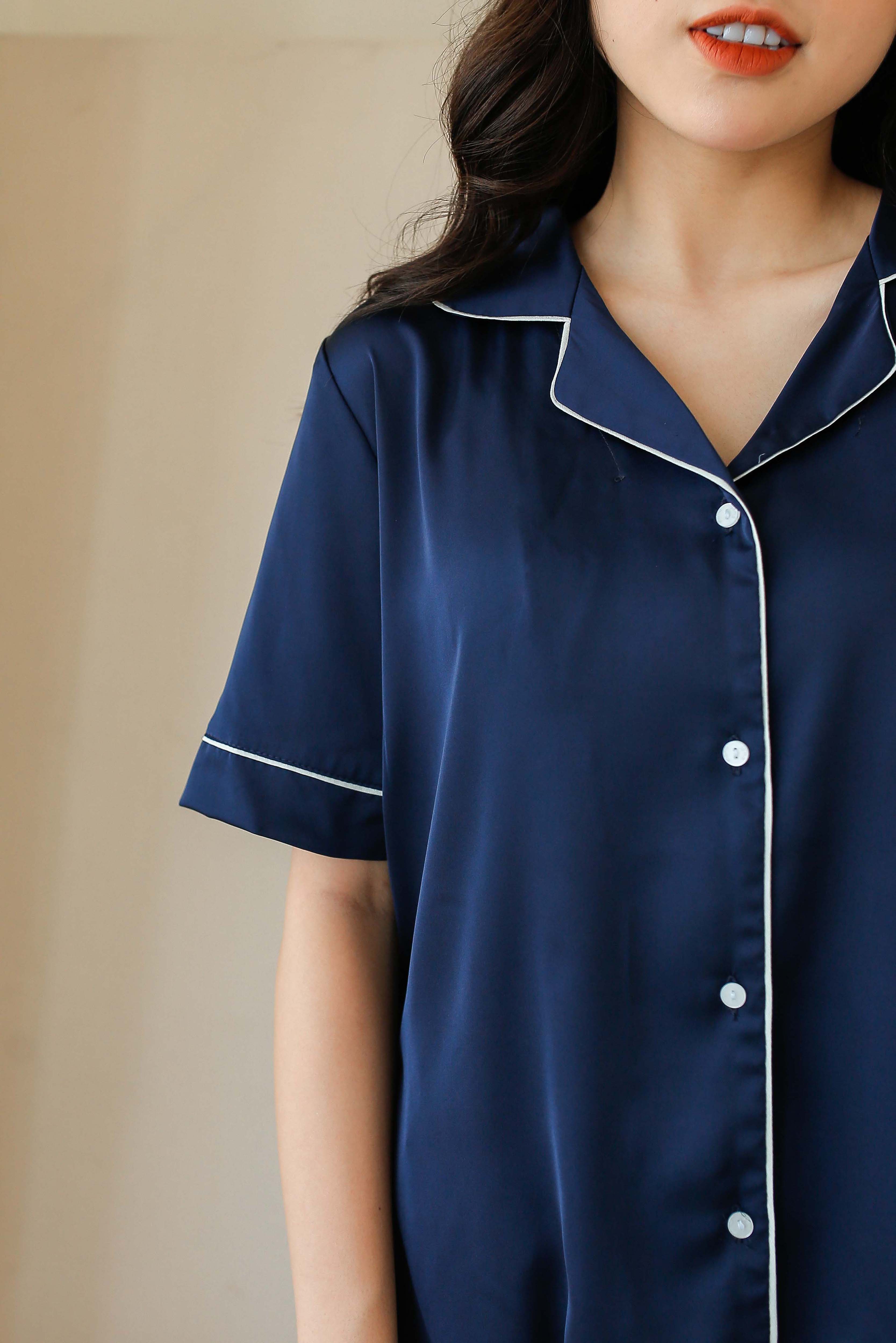 Bộ Pijama lụa trơn MOMOJAMA cộc tay dài chân - Navy